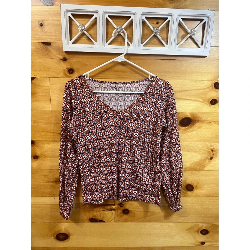 LOFT Womens XS Brown Blue Geometric Medallion V-Neck Long Sleeve Cotton Top